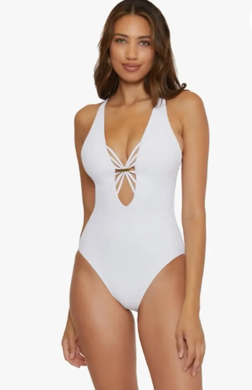 BECCA Women's Modern Edge Haley One Piece Swimsuit Large White Plunge Neck NWT